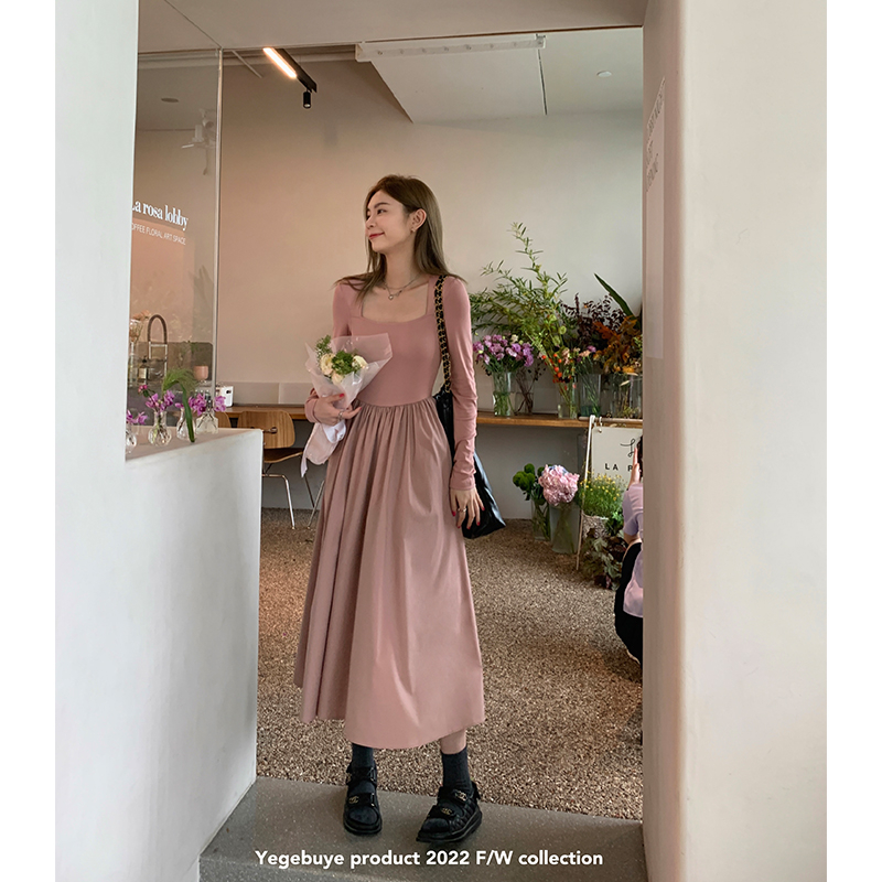 Original fabric high-quality workmanship knitted stitching dress autumn slim fit bottoming mid-length skirt