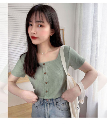 Retro square collar ins short sleeve T-shirt women's summer dress 2020 new style foreign style mind set small short slim collarbone top