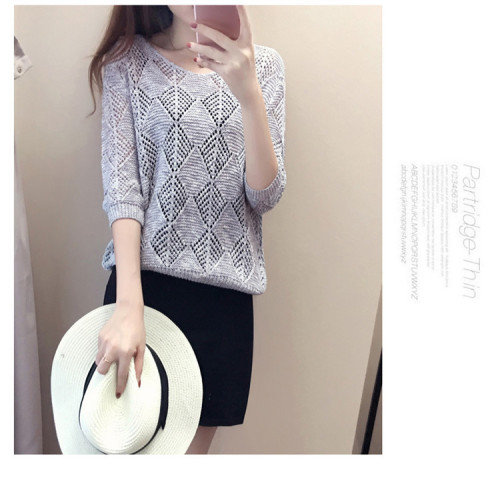 Spring and Autumn New Women's fashion loose seven sleeve knitwear women's Pullover short sweater hollow out blouse thin