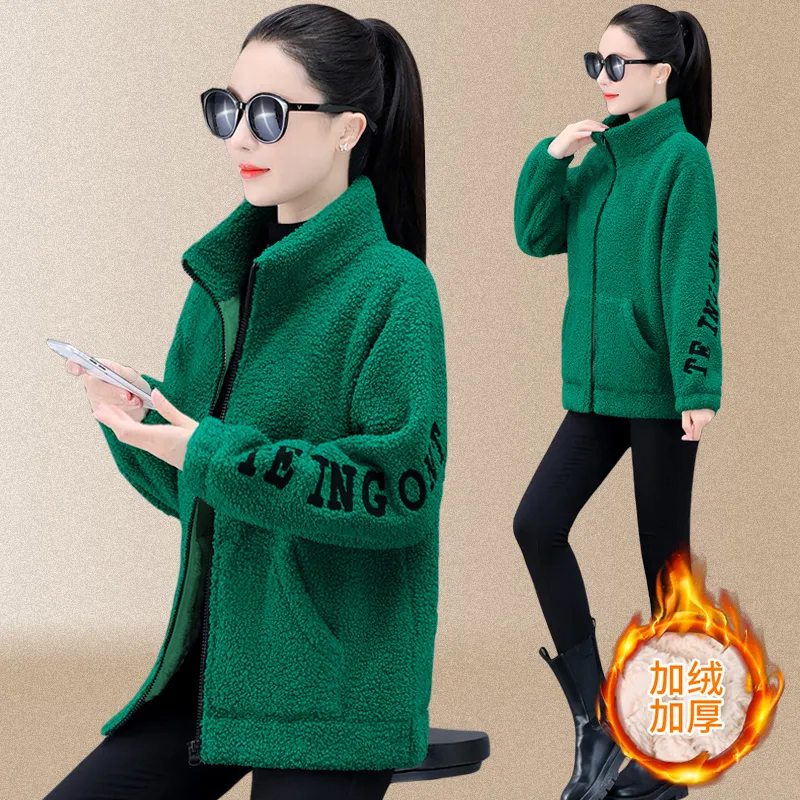 Lamb velvet plus velvet 2022 new autumn and winter loose Korean style zipper cardigan thickened lamb wool coat women