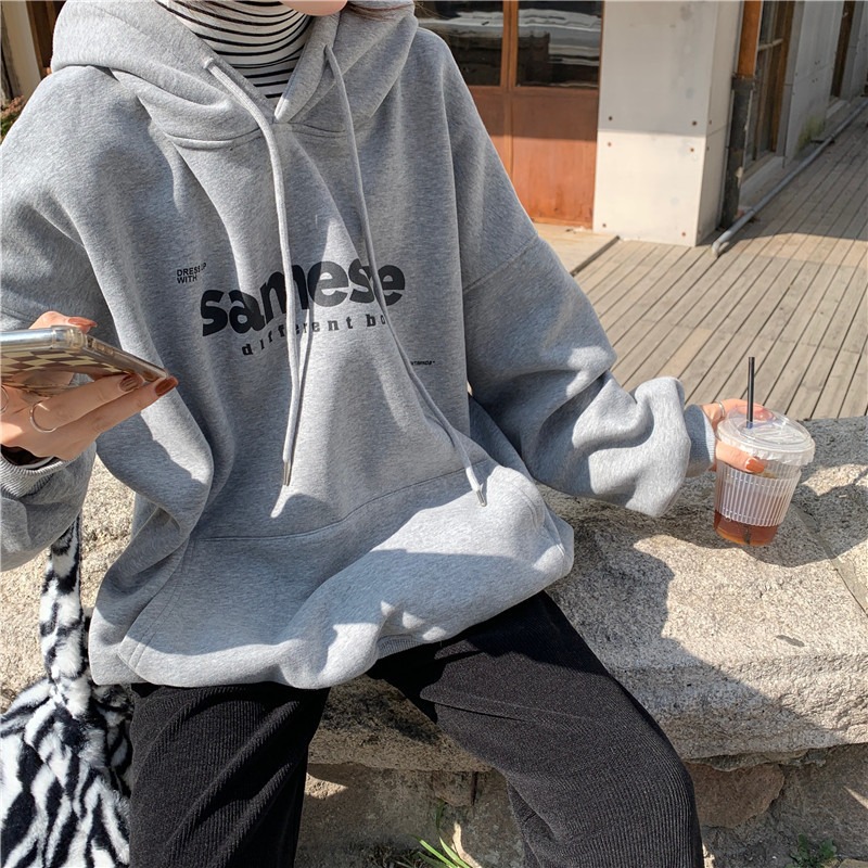 Letter printed Korean version of the sweater women's autumn and winter plus velvet thick wild loose hooded long-sleeved chic Hong Kong style clothes