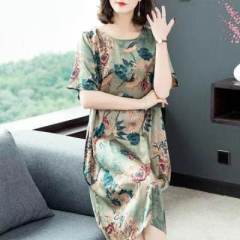 Ice summer new Korean round neck medium length printed dress big size loose mother's fashion