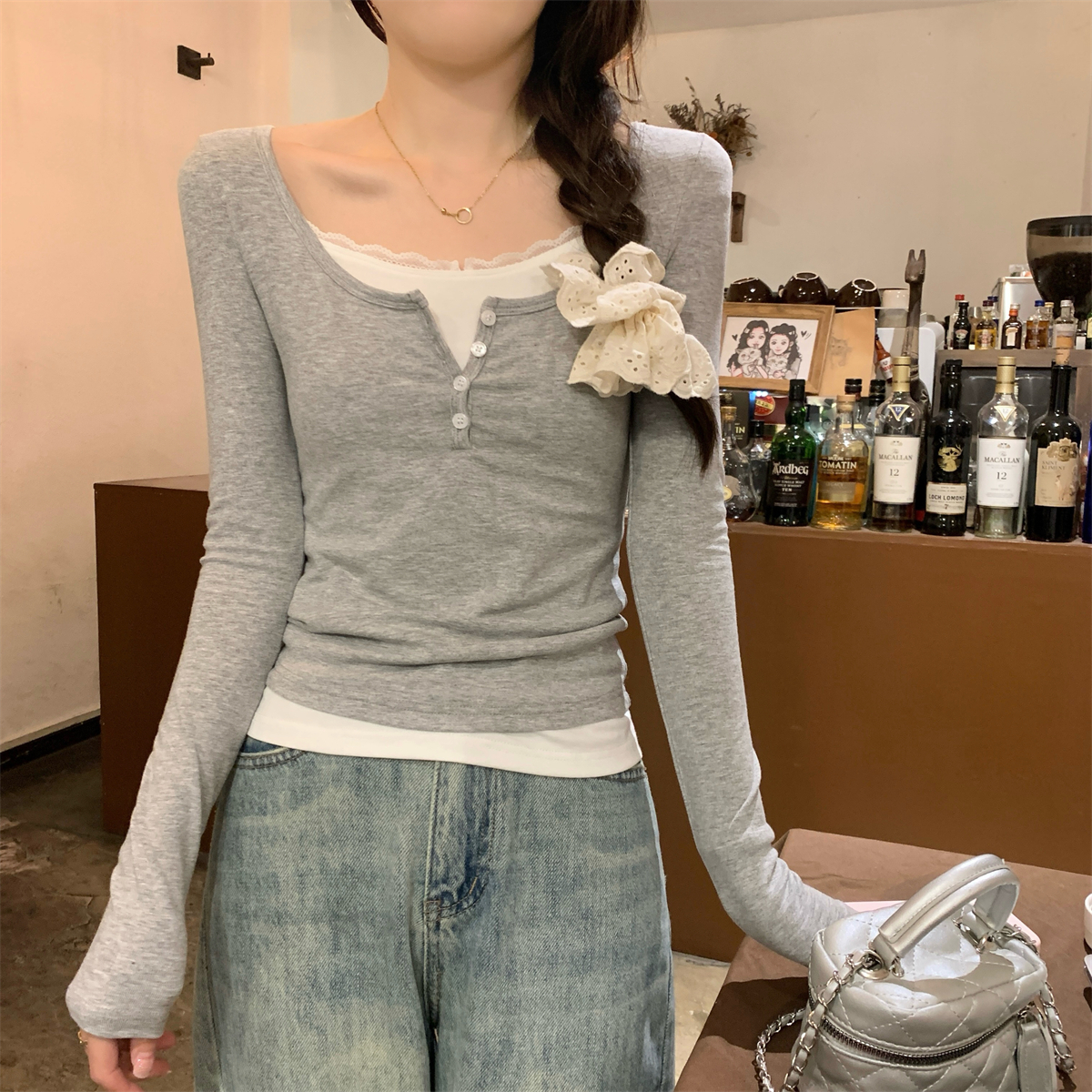 Real shot of autumn and winter Korean style contrasting fake two-piece square collar lace button pure cotton long-sleeved T-shirt with inner top for women