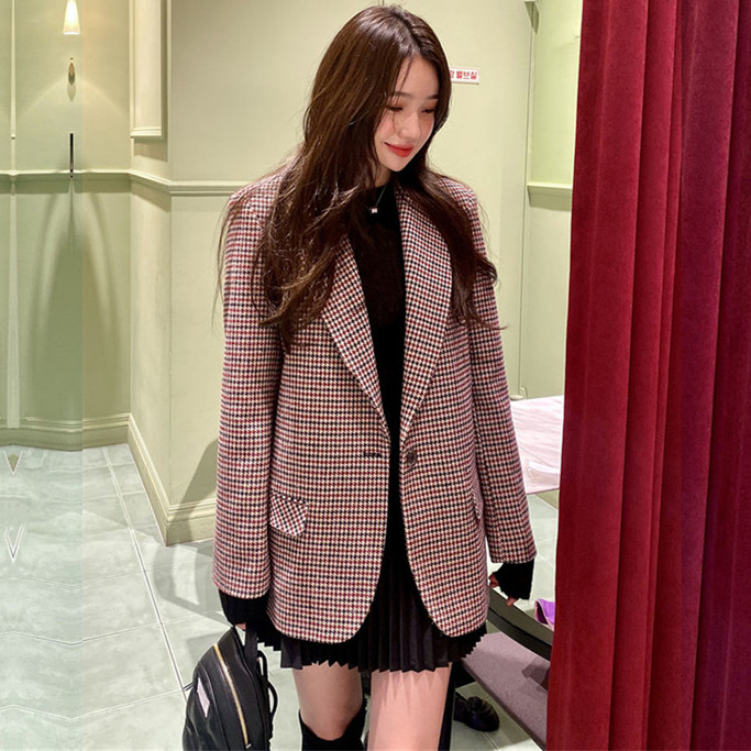 One button color matching thousand bird lattice casual suit women's 2021 Korean commuter Vintage lattice suit coat large