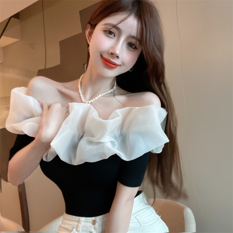 Real shot Korean off shoulder off shoulder mesh Ruffle short sleeve T-shirt real price