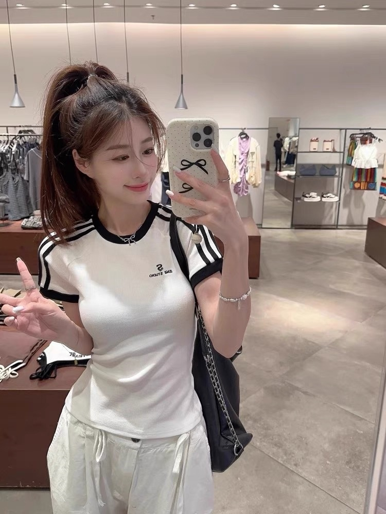 American style right shoulder contrast striped letter short-sleeved T-shirt summer new slim fit casual versatile top