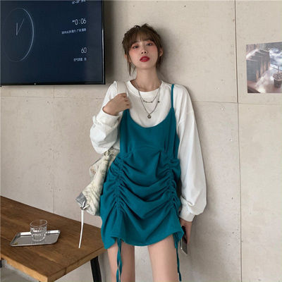 Fake two piece suspender splicing dress for women's autumn harvest waist showing thin and loose Korean version contrast drawstring pleated short skirt