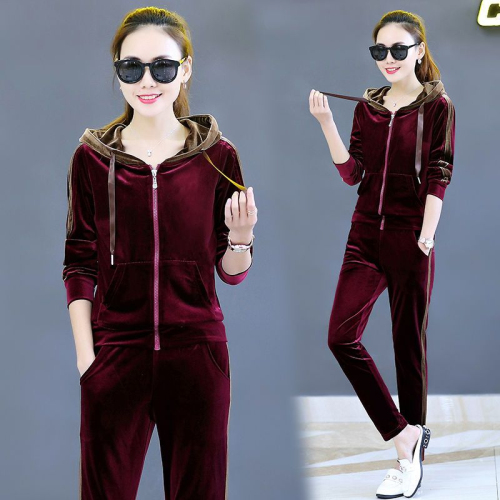 Gold velvet casual sportswear suit female  spring and autumn new mother's clothing hooded fashion two-piece set