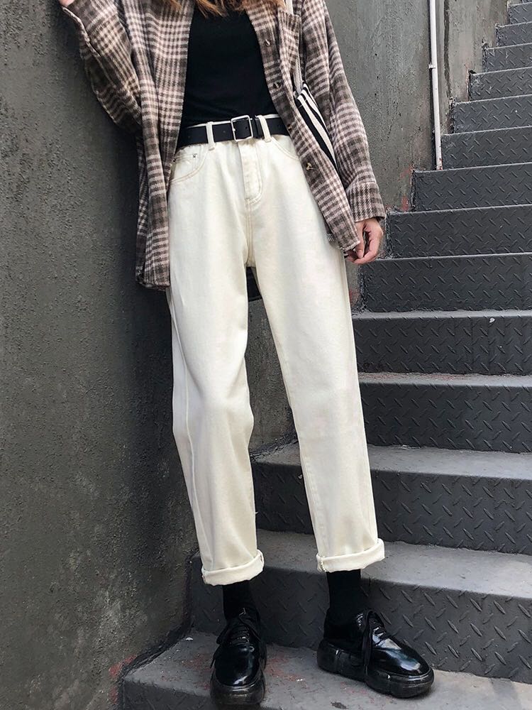 Off white jeans women's straight tube loose high waist show thin fall 2020 new wide leg daddy jeans pants