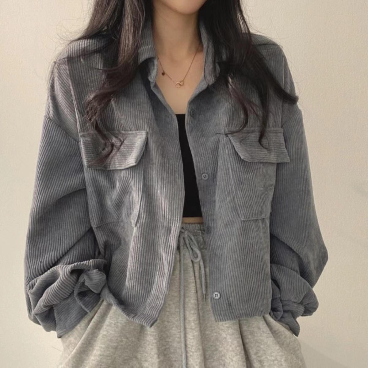 2023 spring French retro versatile single-breasted lapel corduroy shirt long-sleeved jacket for women