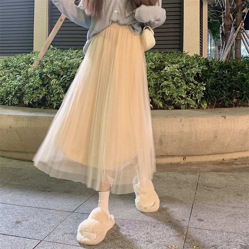 Real shot unabated spring and summer new gauze skirt women's mid-length mesh pleated long skirt small skirt trendy