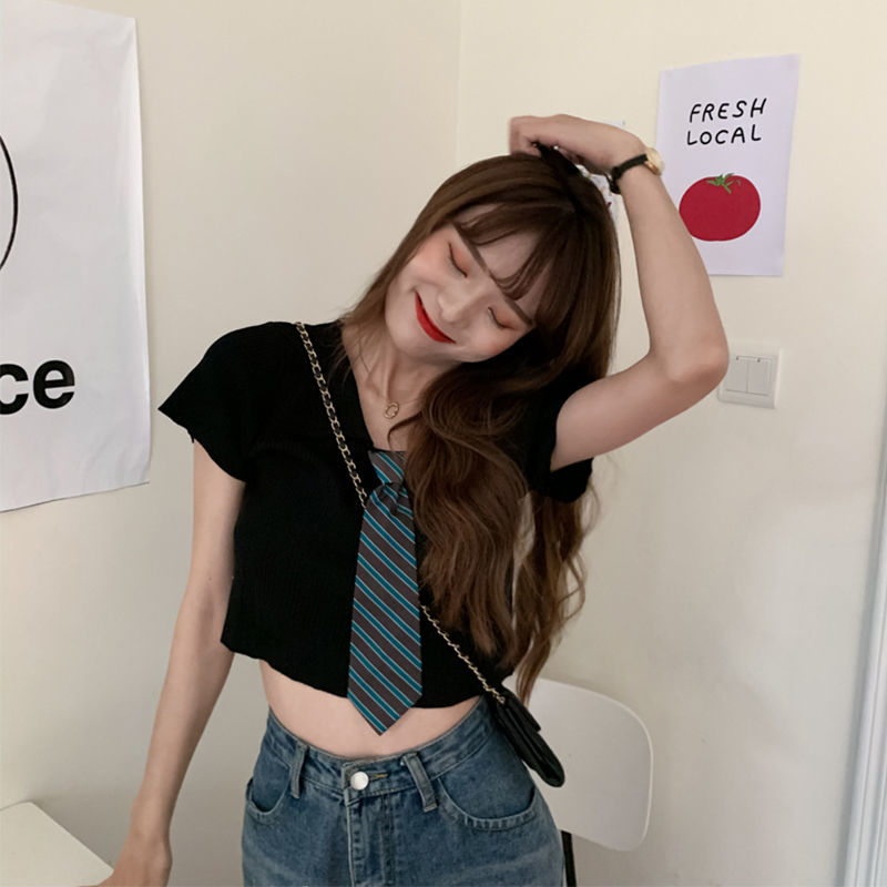 Summer 2023 new Korean version of net red tie short-sleeved T-shirt female ins super fire college wind icy silk X120204