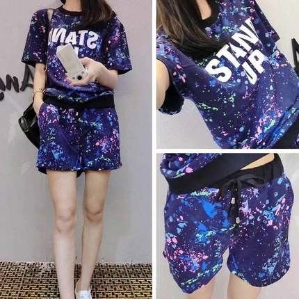 Short sleeved shorts sports suit women's summer round neck splash T-shirt two piece round neck print casual suit