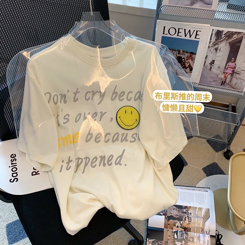 Guantu cotton 2022 short sleeve T-shirt women's summer smiling face towel embroidered round neck loose top