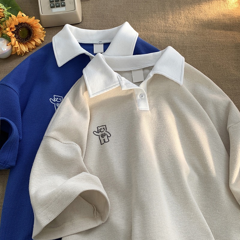2022 new summer college style waffle bear polo shirt Lapel large women's loose versatile top women's