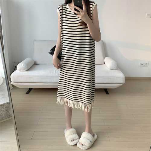 Real shot is not reduced Contrasting color ice silk striped knitted dress women's loose-fitting belly-covering tassel vest long skirt