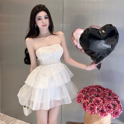 Real shot Temperament socialite lace embroidery sequins stitching organza tutu skirt tube top dress dress