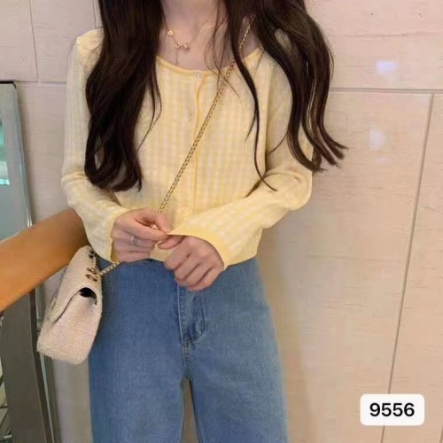 Plaid thin short T-Shirt Top Women autumn Korean loose student long sleeve sweater cardigan coat