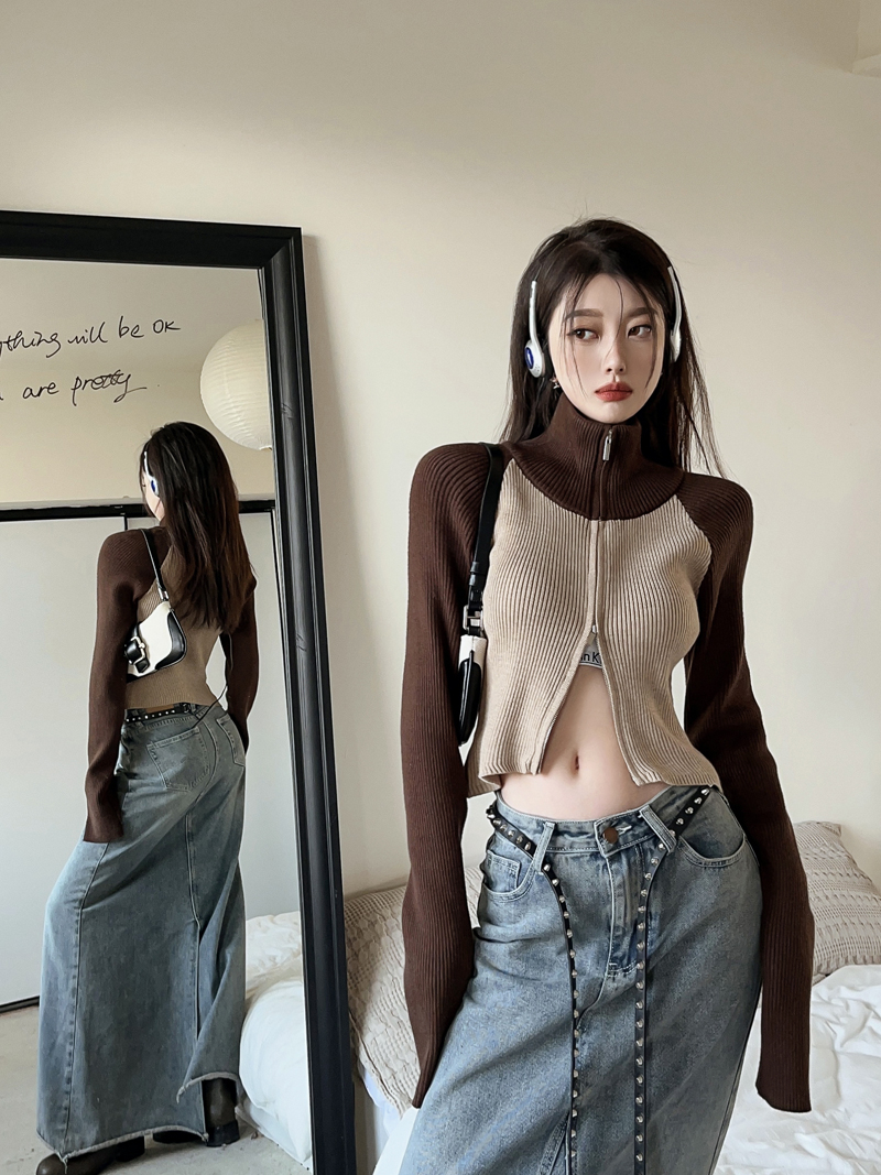 Contrasting color raglan sleeves double zipper knitted cardigan women's autumn and winter hot girl slim-fit short turtleneck sweater