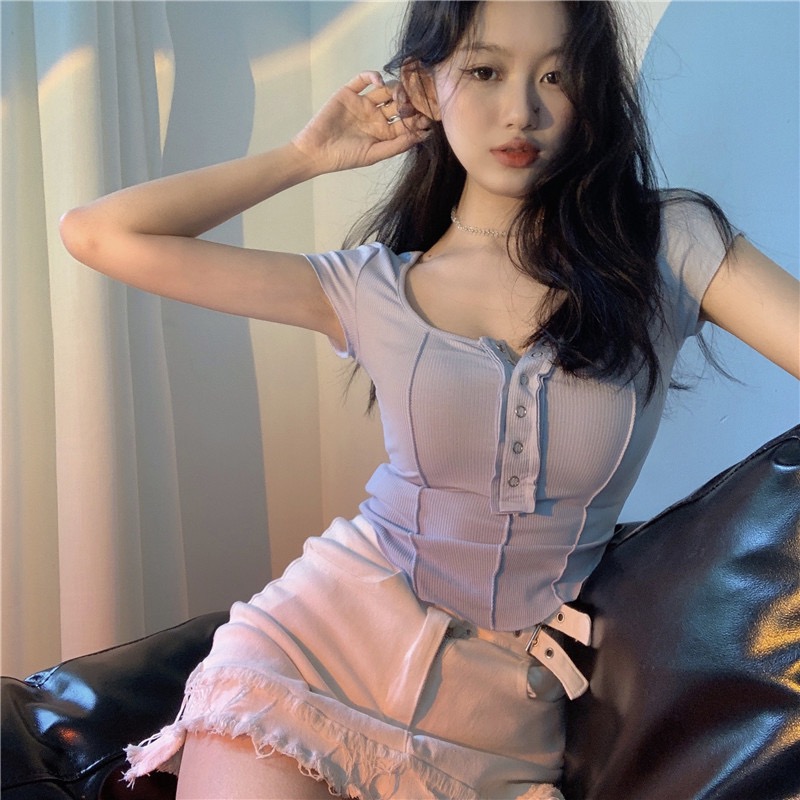 Real price ice silk rib short sleeve T-shirt women's spring and summer U-neck design sense small outrageous waist beware of machine net red top tide