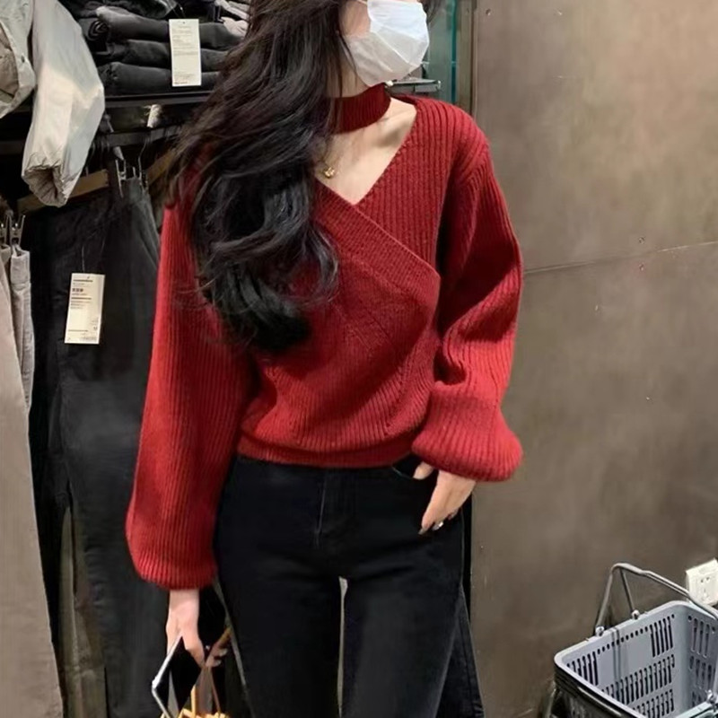 2022 New Sweaters Women's Autumn and Winter Long Sleeve Knitwear Sexy Minority V-Neck Off Shoulder Cross Neck Top Fashion