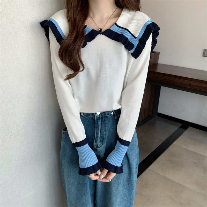 Real shooting and real price autumn and winter new French lace collar Naval Academy style sweater, wearing a versatile sweater top