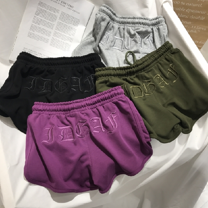 Purple pants women's summer sports pants embroidered A-line shorts high waist army green wide leg pants loose casual hot pants