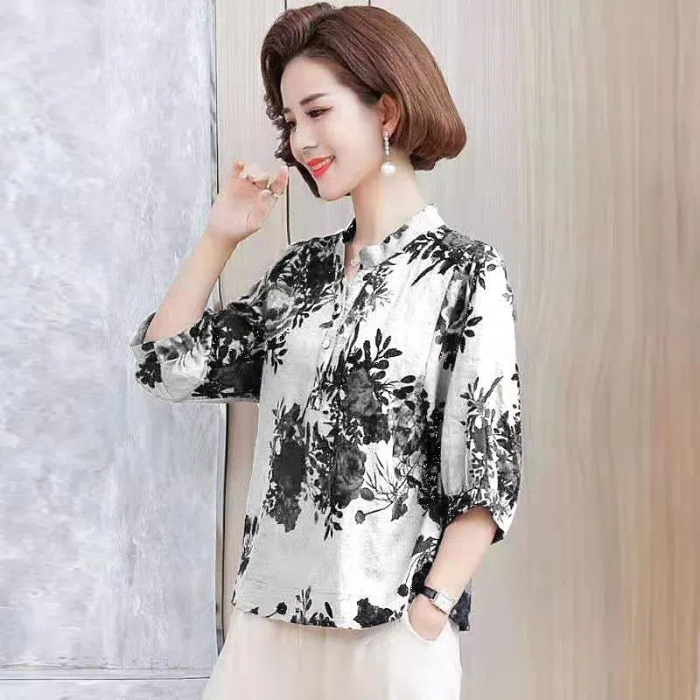 100% pure cotton hemp mother Xia Yang T-shirt fashion women's five-quarter sleeve top middle-aged and elderly women's temperament shirt women