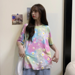 Real shot ~ 6535 zipper cotton ~ Daisy short sleeve T-shirt for women tie dyed net red color gradient top in summer