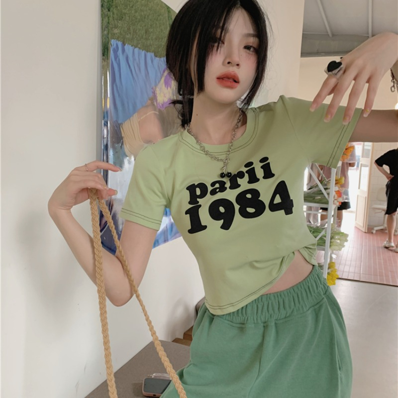 Pphome vibrant cream Green ~ short sleeve T-shirt summer simple letter printing open line slim fit front shoulder short top