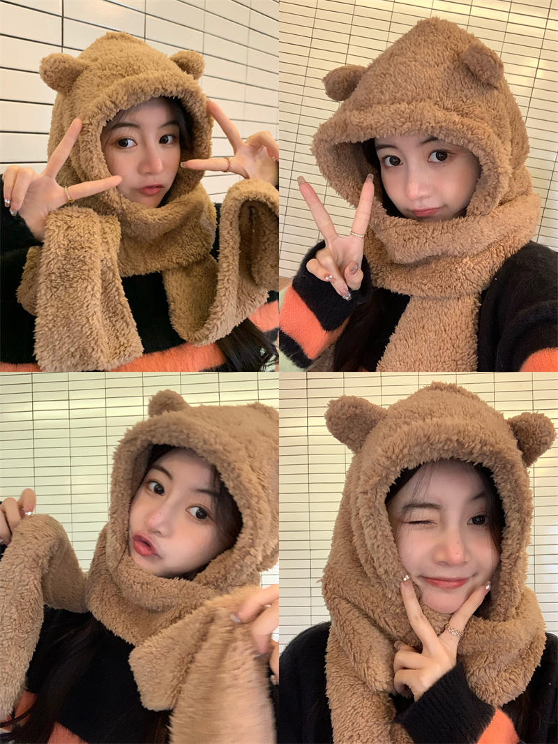 Real price bear hat scarf integrated ear protection plush autumn and winter warm hat