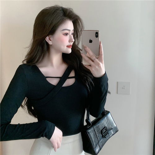 The main push real shot  spring new slim T-shirt tight long-sleeved short foreign style careful machine top women's fashion