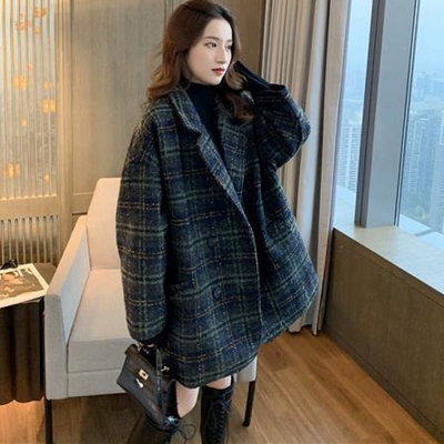 Blazer women's autumn and winter 2020 new popular small all-match plaid tweed mid-length woolen coat