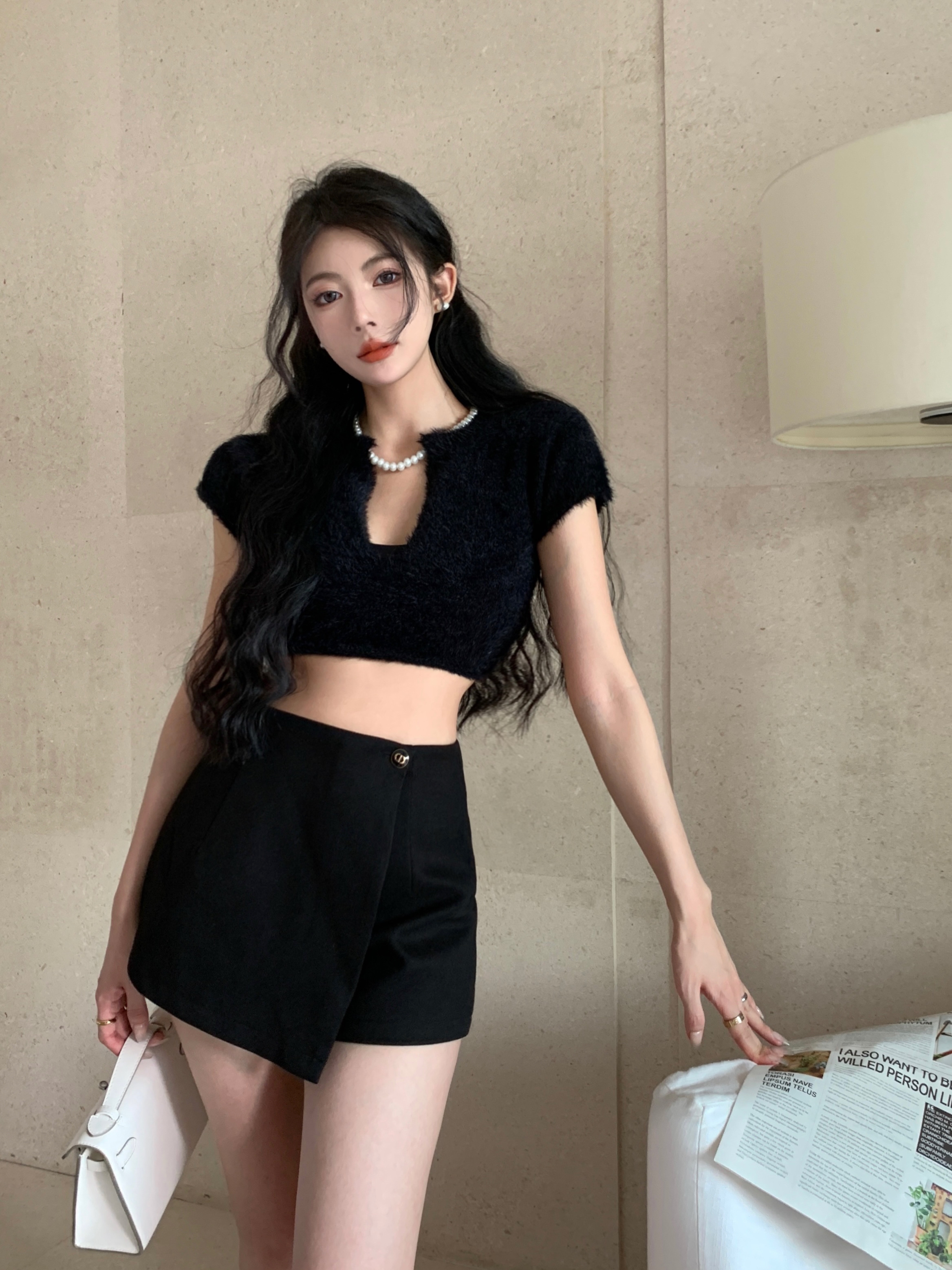 Actual shot and real price. Pure lust hot girl's furry short knitted top with high waist and A-line skirt.