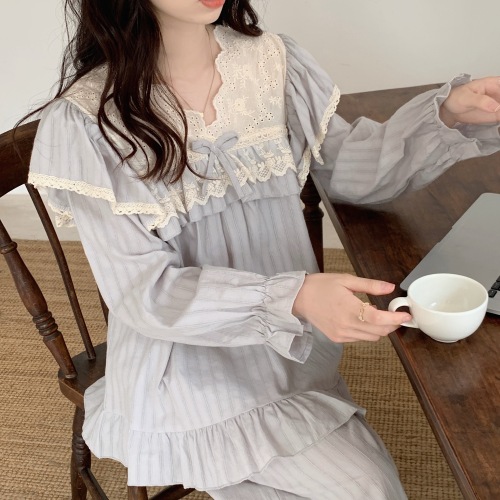 Real shooting real price Korean version of the sweet princess style embroidered lace outer wear long-sleeved trousers autumn and winter outer wear pajamas set nightdress