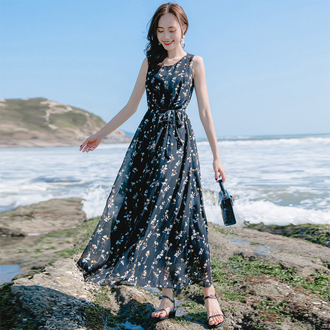 New style dress women's summer vest LONG DRESS BLACK FLORAL Beach Dress seaside holiday Bohemia