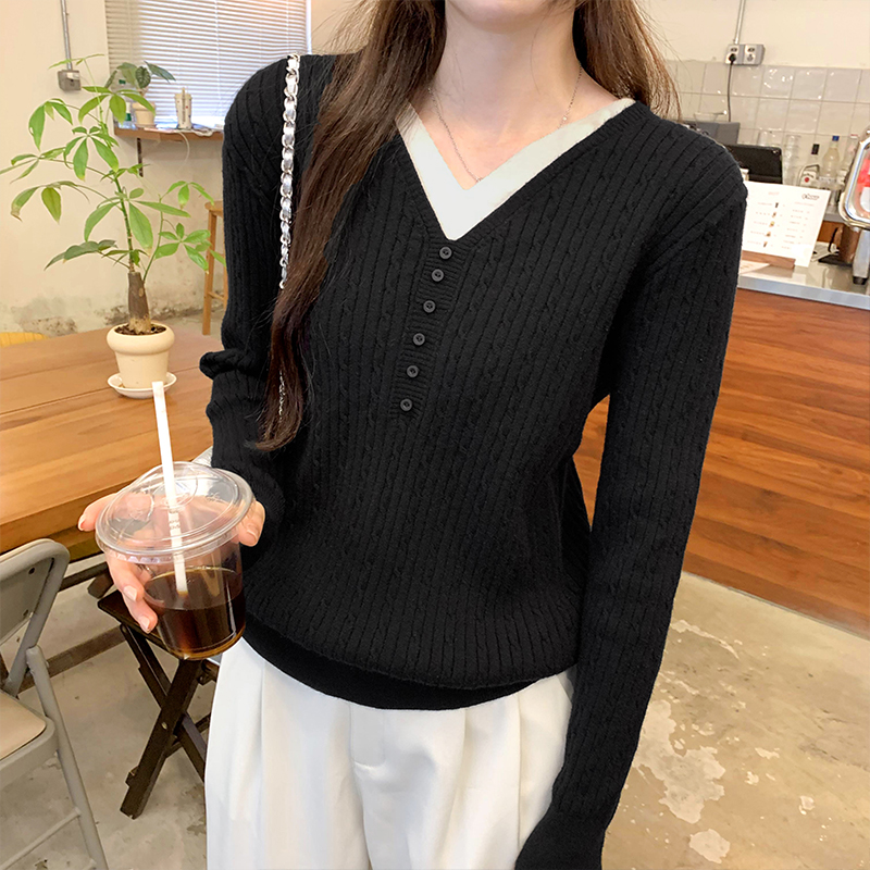 Real shot picture college casual style thickened V-neck faux two-piece knitted base shirt women's autumn and winter cable-knit textured top