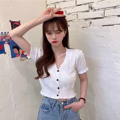 Summer 2020 new Korean style V-neck hollow knit women's short sleeve thin bottomed cardigan short top