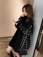 2021 winter new Korean high collar stitching fake two medium length sweaters women's loose lazy style sweater skirt