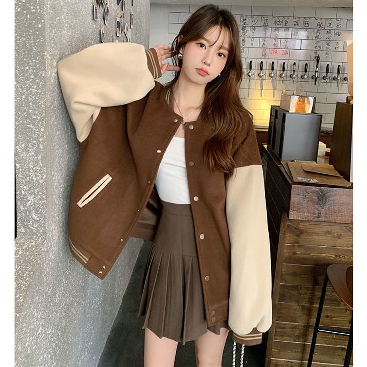 American retro college style loose Baseball Jacket Women's fashion ins autumn and winter 2021 new student long sleeve top