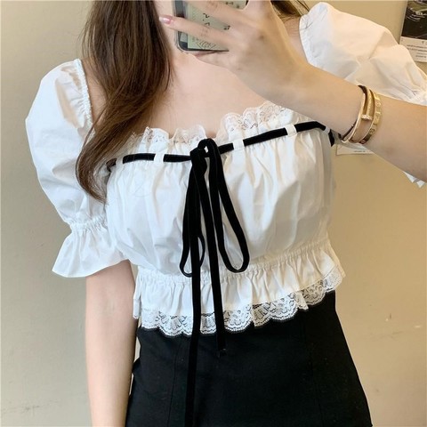 White shirt women's collar short bubble sleeve design top summer 2022 new bandage short sleeve fashion