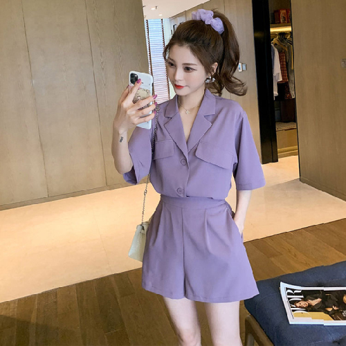 2020 new summer loose Korean fashion Blazer net red purple cardigan shorts two piece set