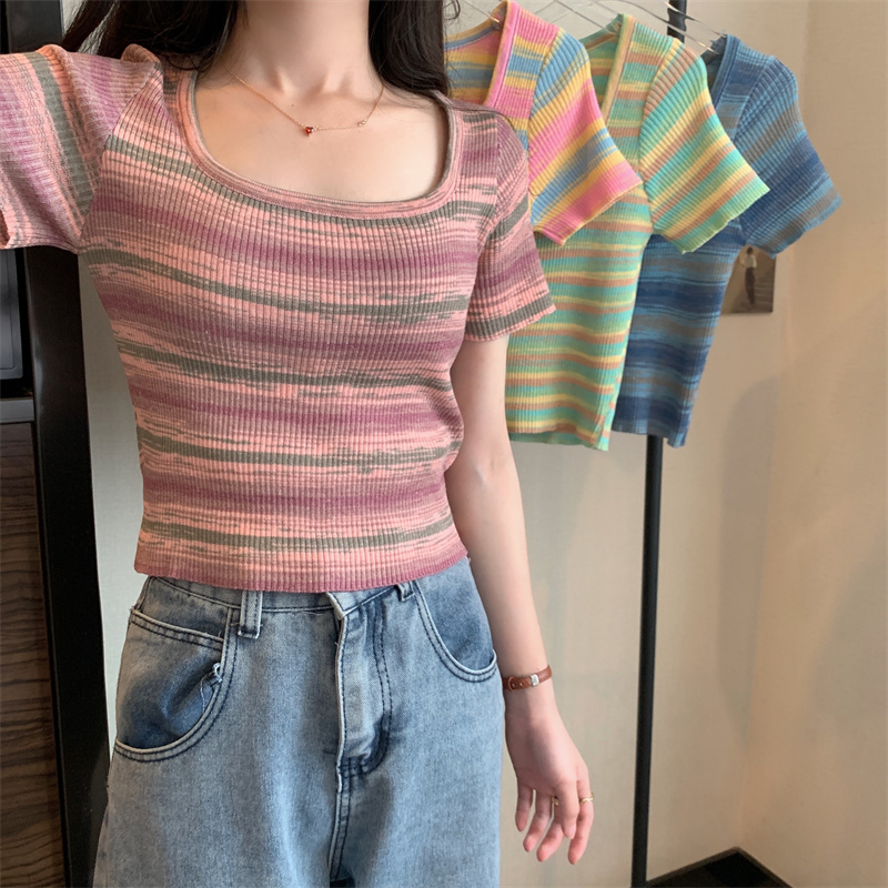 Real price summer new color contrast stripe square neck thin sweater short sleeved women's top