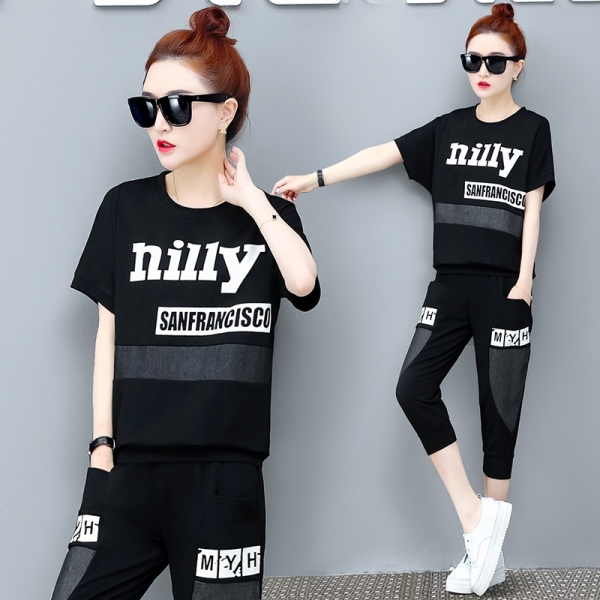 Fat fashion splicing casual suit women's summer loose large short sleeve Capris two piece set