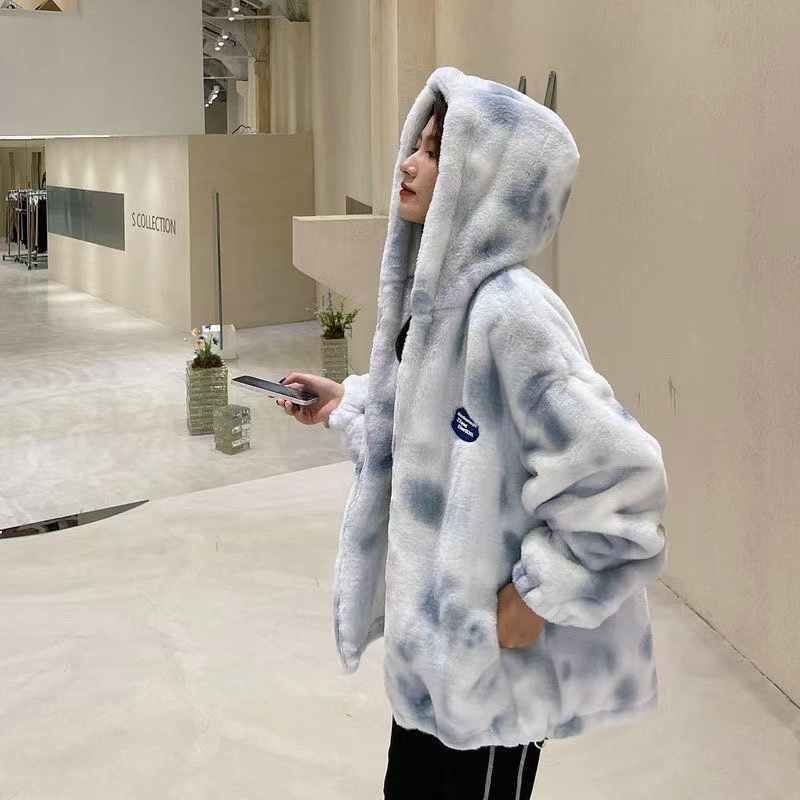 Arctic fleece coat winter new wool coat female Korean version loose thick warm tie-dye hooded cardigan