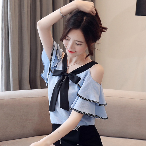 Real photo chiffon blouse women's summer new Korean version very fairy top off shoulder short sleeve westernized off shoulder sling