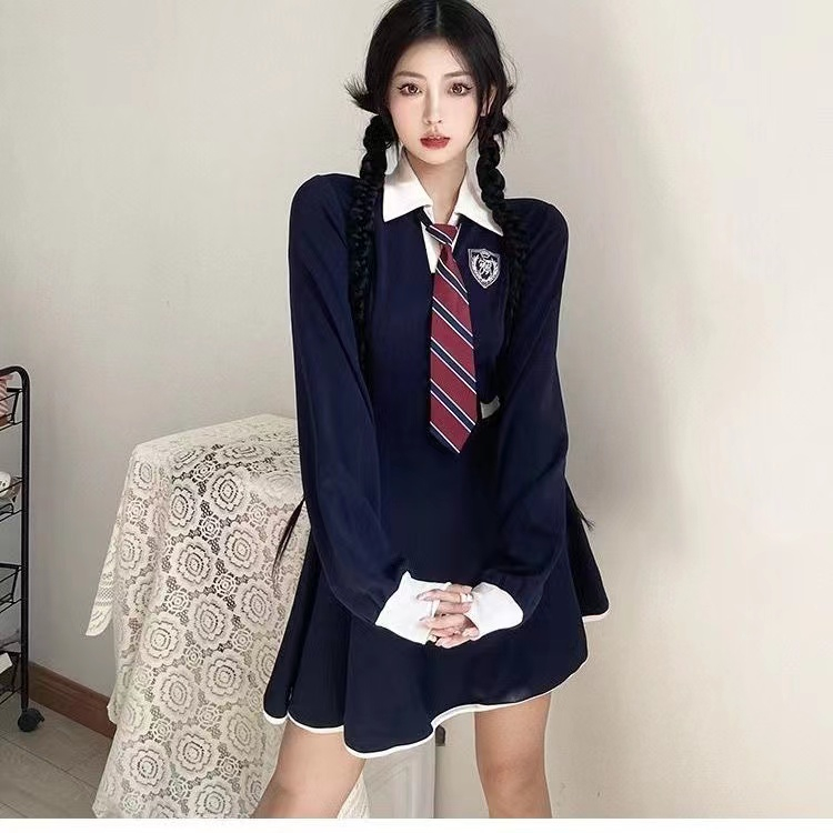 KLIOU American retro college style contrast color lapel dress female careful machine hollow out waist show thin a-line skirt