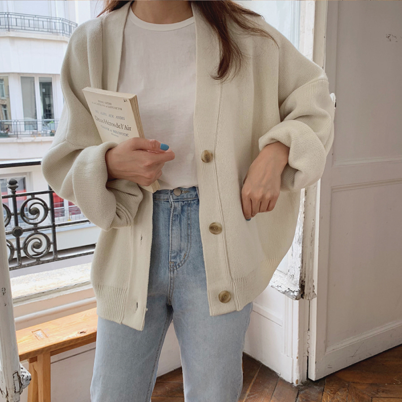 Lazy style casual Korean chic long sleeve knitted cardigan 2021 new loose thickened sweater coat women's early autumn