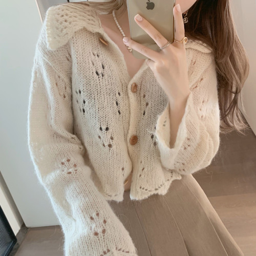 Grape Mom studiolee early autumn new style lazy wind knitted cardigan coat women's loose hollow sweater