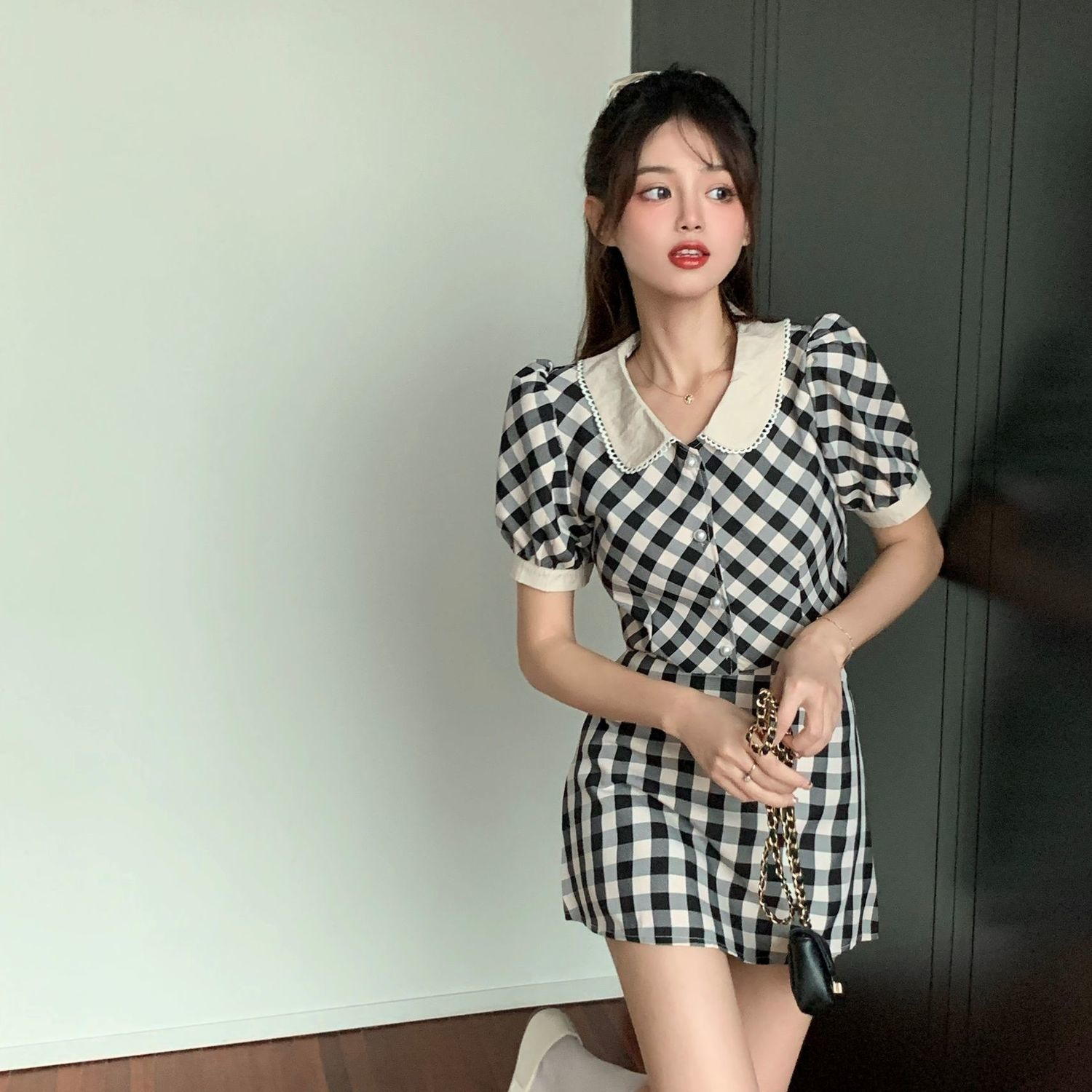 New plaid suit ladies women's summer dress retro small doll collar short-sleeved top skirt two-piece set